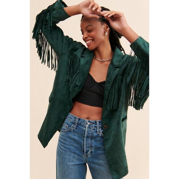 NWT Blanc NYC Faux Suede Fringe 'Deep Dive' Green Blazer Jacket Size Medium - Picture 1 of 6
